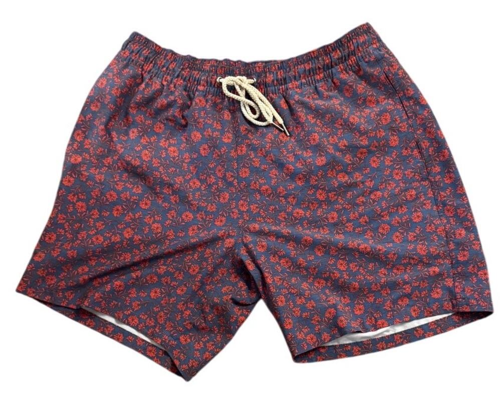 Fair Harbor Bayberry Swim Trunks Men's XL Navy Red Floral Print Recycled Nylon
